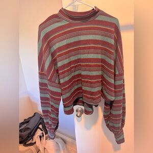 Free People Striped Crewneck Sweater - Burgundy, Green, and Yellow